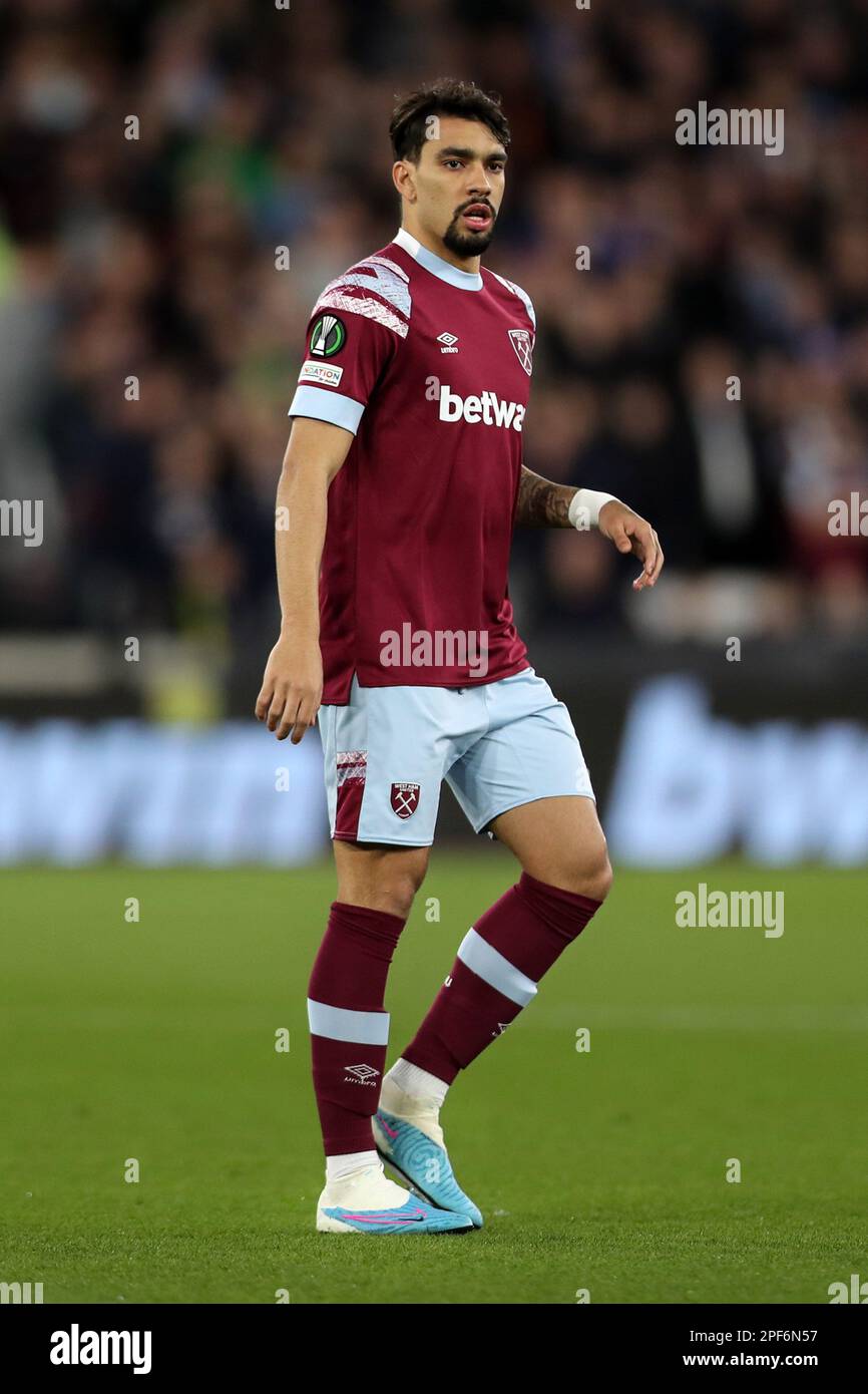 Londra, Regno Unito. 16th Mar, 2023. Lucas Paqueta di West Ham Utd guarda su. UEFA Europa Conference League, ultime 16, 2nd partite, West Ham Utd v AEK Larnaca al London Stadium, Queen Elizabeth Olympic Park a Londra giovedì 16th marzo 2023 . Questa immagine può essere utilizzata solo per scopi editoriali. Editoriale solo foto di Megan Ewens/Andrew Orchard sports photography/Alamy Live news Credit: Andrew Orchard sports photography/Alamy Live News Foto Stock