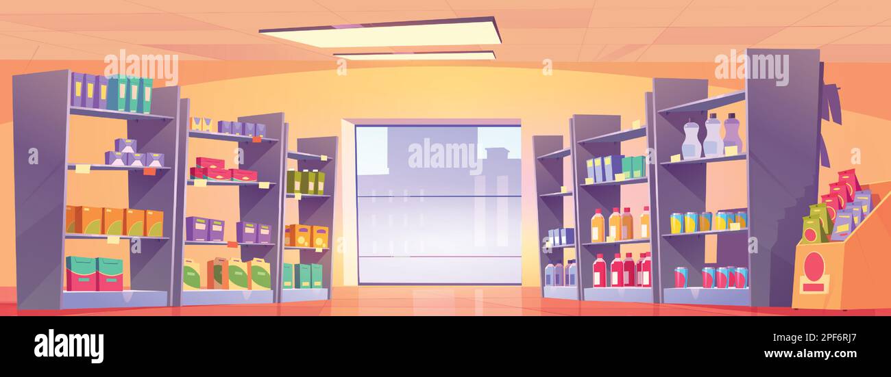 Cartoon supermercato navata con grande finestra. Illustrazione vettoriale di scaffali pieni di scatole di cartone colorate e confezioni di alimenti, bottiglie con bevande, lampade a soffitto. Negozio di alimentari Illustrazione Vettoriale
