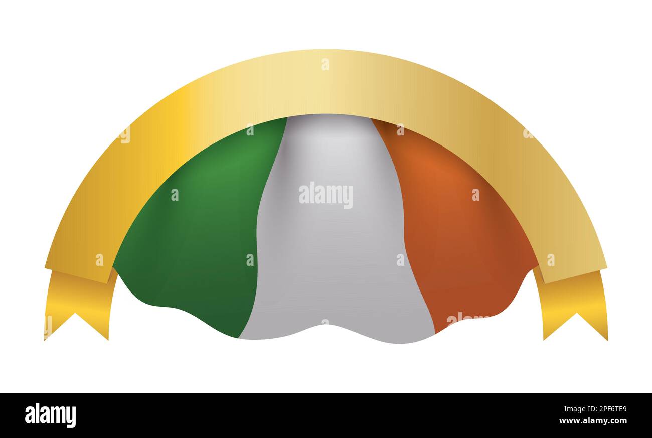 Modello con nastro curvato in oro sopra la bandiera irlandese ondulata. Design con effetto gradiente. Illustrazione Vettoriale