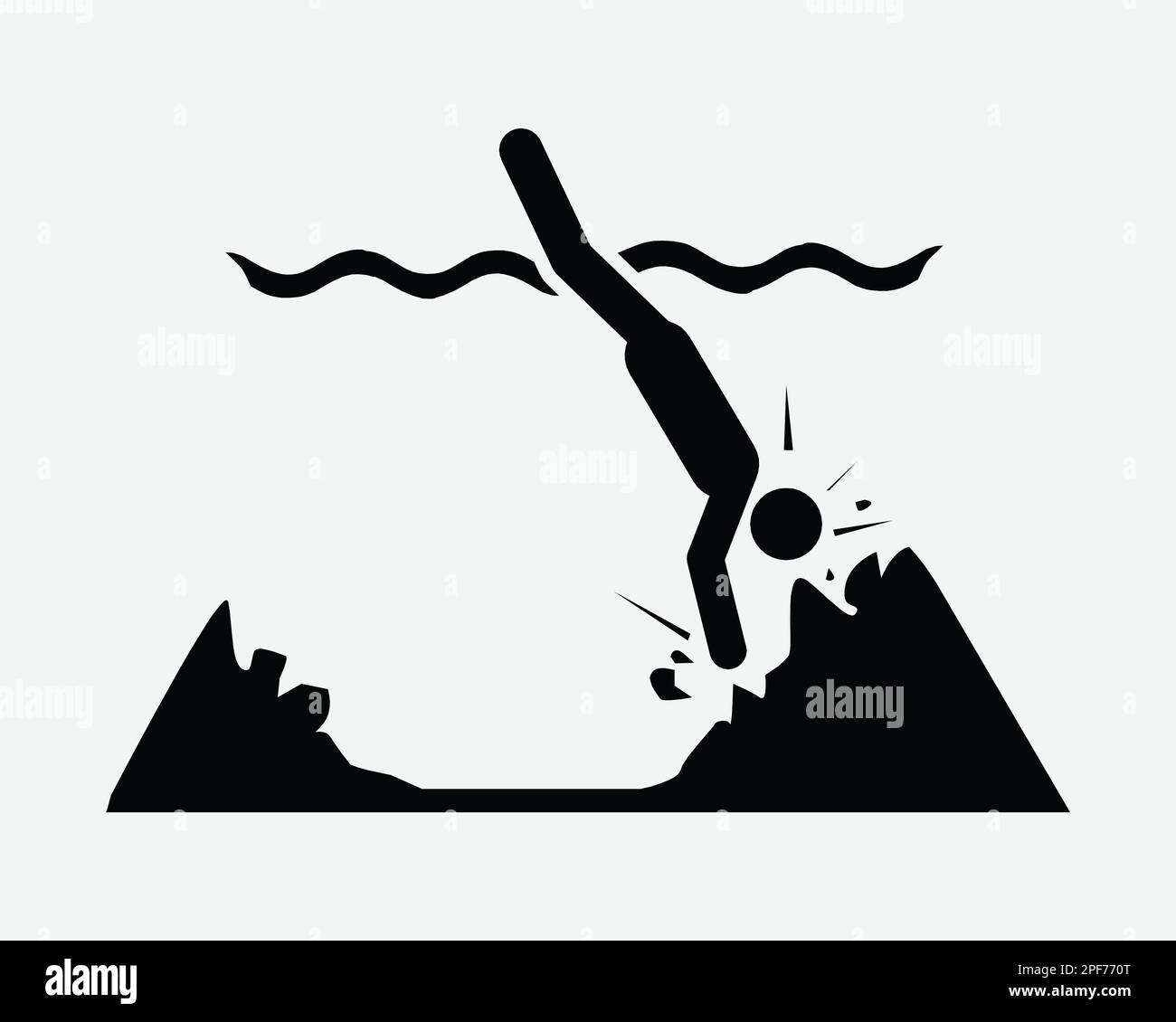 Cliff Diving pericoli Hit Head Shallow Water icona pericolosa vettore nero bianco silhouette simbolo segno grafico clipart Illustrazione pittogramma Illustrazione Vettoriale