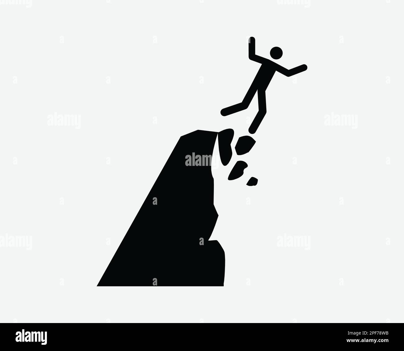 Cliff Collapse icona landslide Mountain Break Off Man Falling Vector Black White Silhouette simbolo segno grafico clipart illustrazione pittogramma Illustrazione Vettoriale