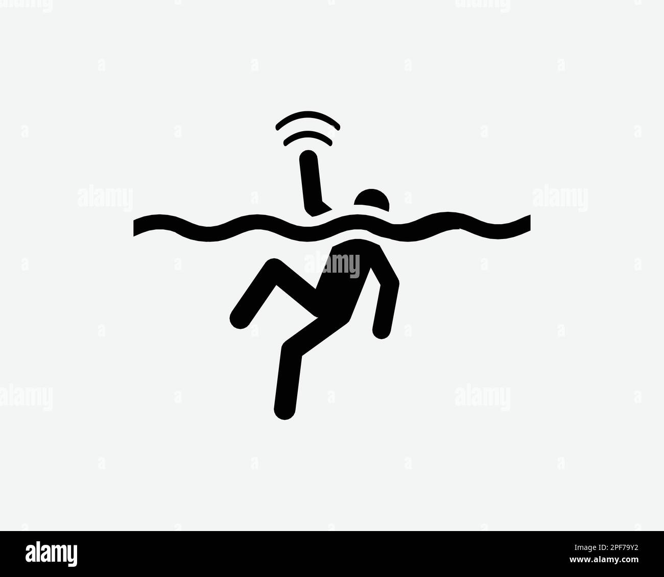 Annegamento icona persona annegato annegato uomo che chiama Wave for Help Black White Silhouette simbolo segno Graaphic Clipart Illustrazione Pittogramma vettore Illustrazione Vettoriale