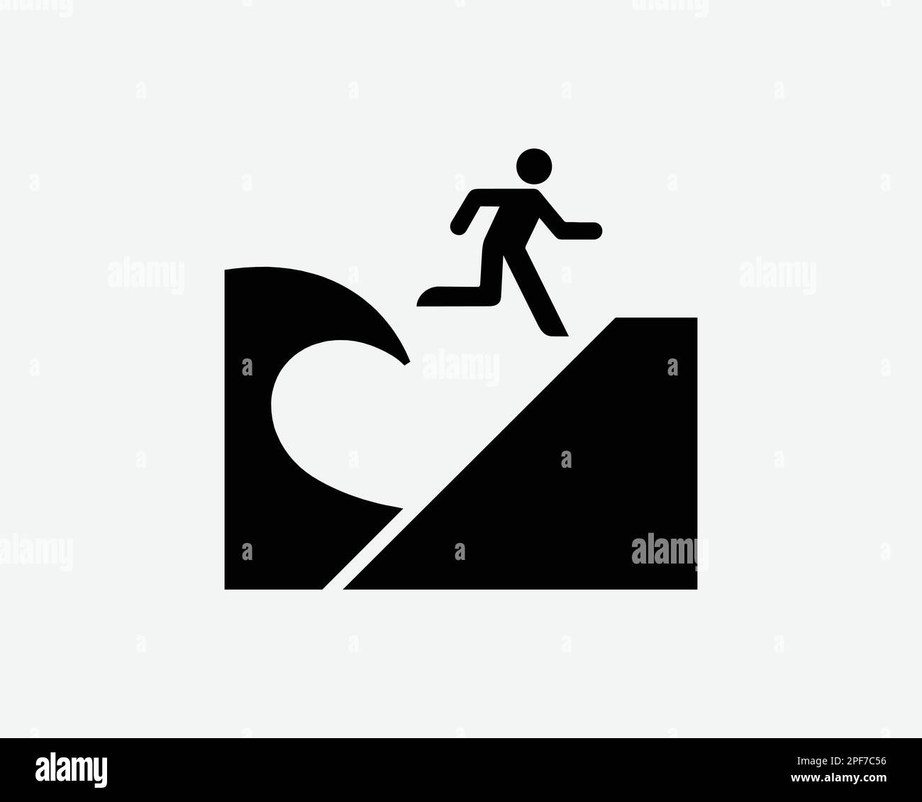 Tsunami fuga d'onda di evacuazione terra alta Entroterra Nero Bianco Silhouette segno simbolo icona Clipart grafico Pittogramma Illustrazione vettore Illustrazione Vettoriale