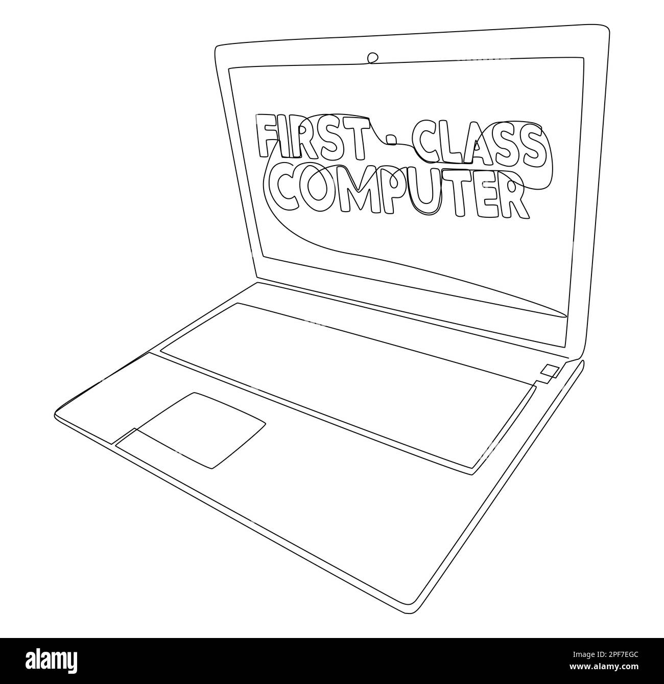 Una linea continua di laptop con parola di prima classe per computer. Concetto di vettore di illustrazione a linea sottile. Disegno di contorno idee creative. Illustrazione Vettoriale