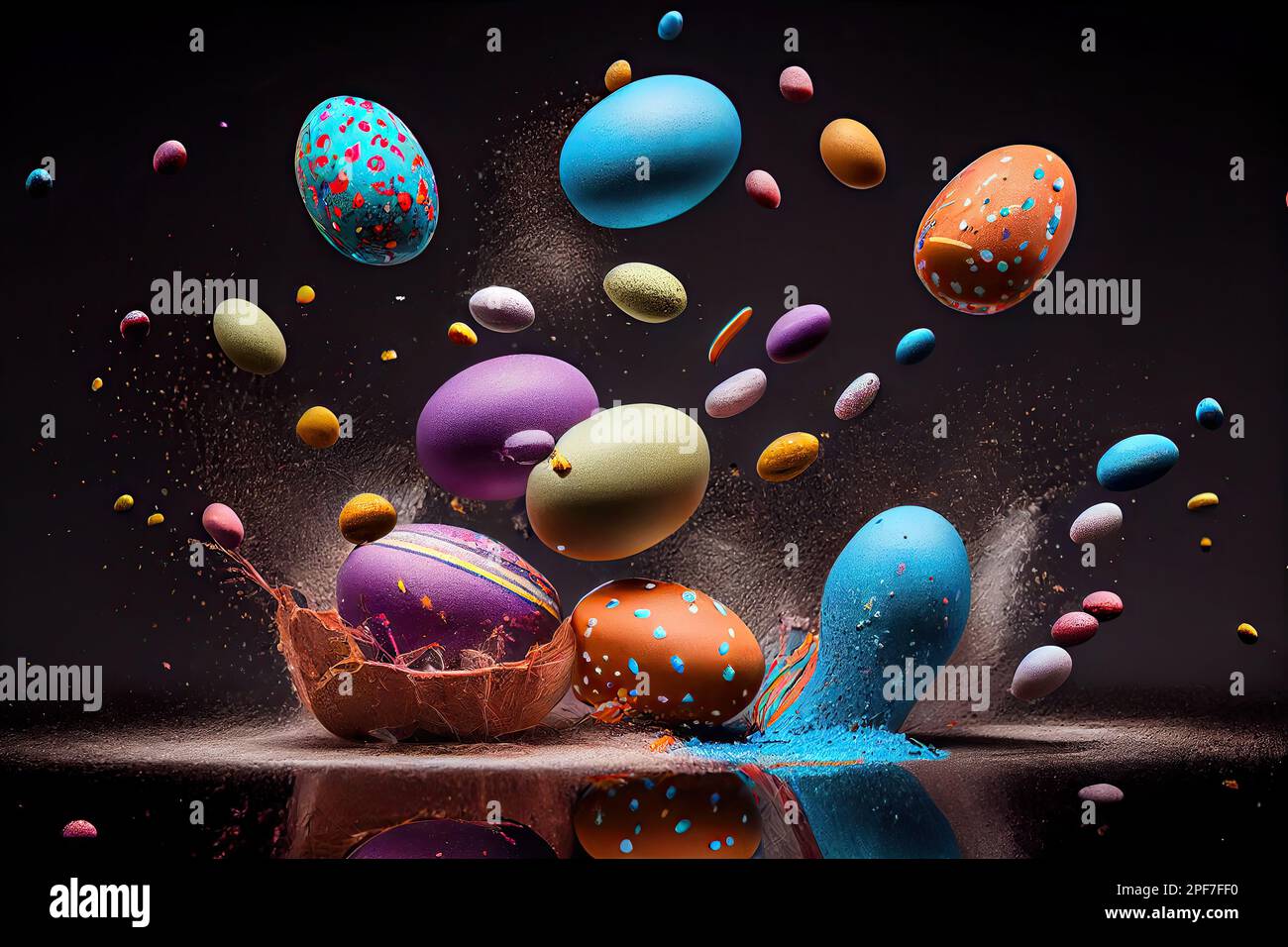 le uova di pasqua colorate con la vernice spruzzante su di loro e l'acqua sullo sfondo è scuro, ma non c'è immagine Foto Stock