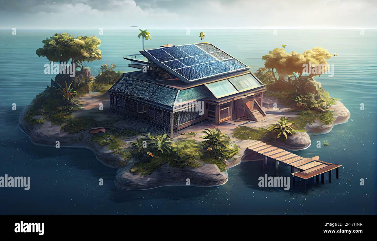 un'isola con pannelli solari sul tetto e alcuni alberi in acqua, come se fosse galleggiante Foto Stock