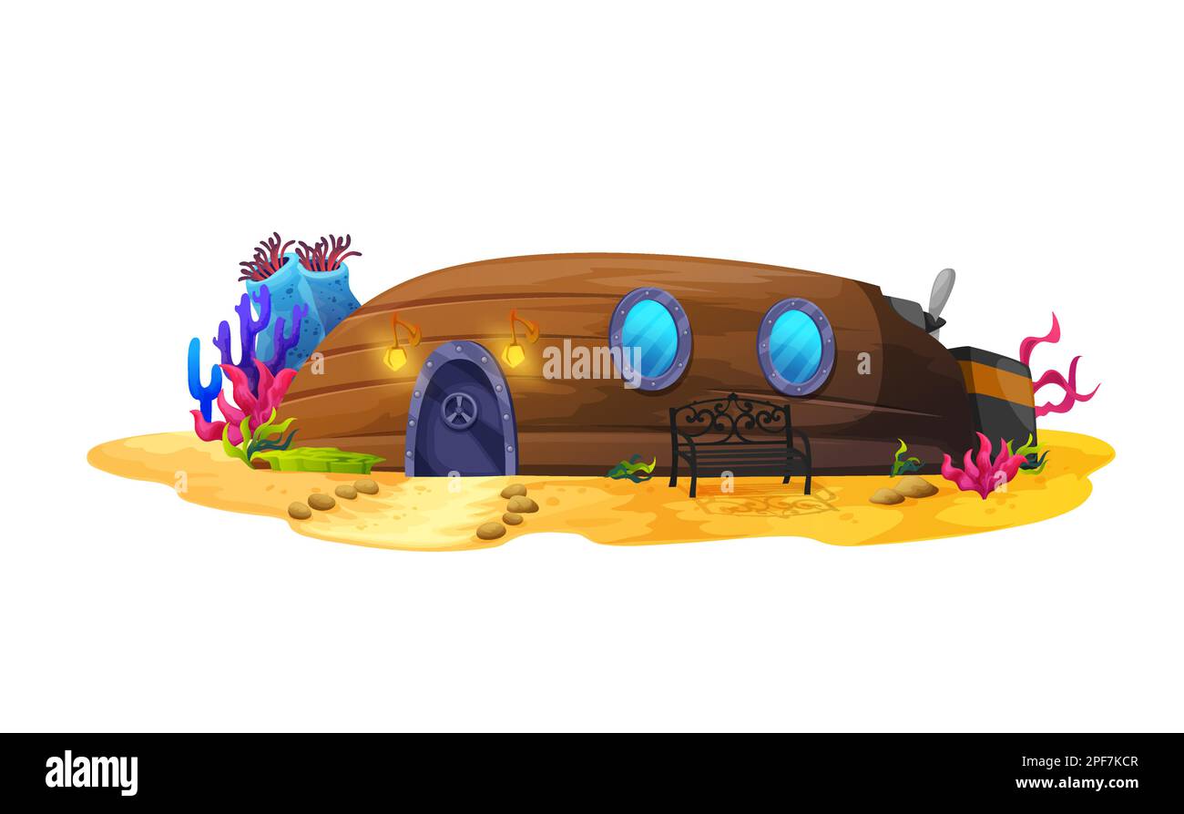 Cartone animato affondato barca, costruzione subacquea casa o casa barca a vela, nave vettore relitti. Undersea creatura fantasy casa dimora in legno sommerso wit Illustrazione Vettoriale