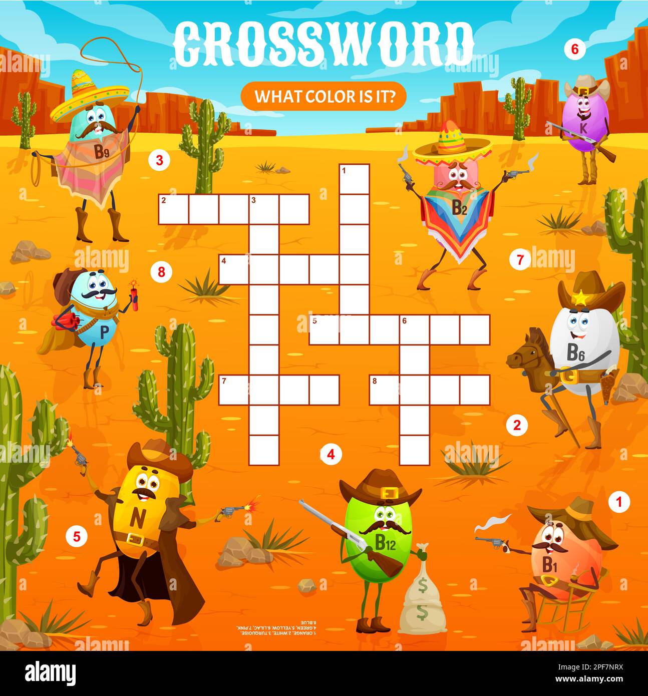 Gioco di quiz Western crossword grid. Cartone animato vitaminico cowboy, sceriffo e banditi personaggi. Foglio di lavoro vettoriale, attività quiz parola con capsule nutrienti B1, Illustrazione Vettoriale
