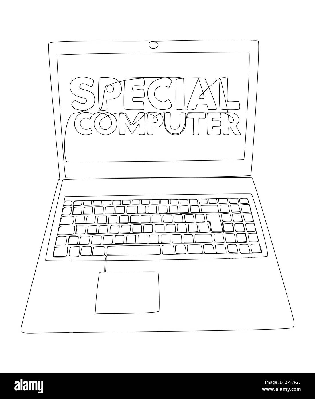 Una linea continua di laptop con parola speciale per computer. Concetto di vettore di illustrazione a linea sottile. Disegno di contorno idee creative. Illustrazione Vettoriale