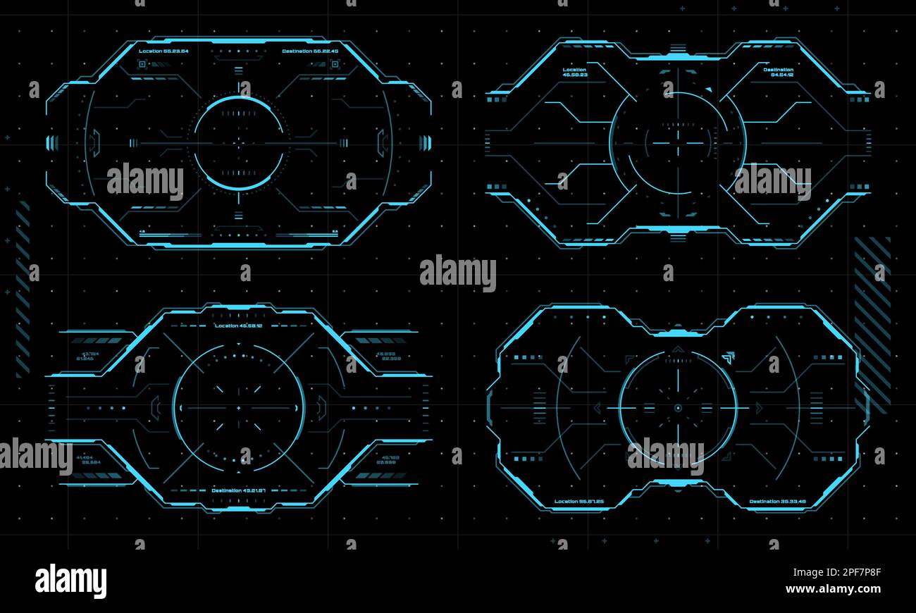 HUD AIM Control target frame, interfaccia UI o cyber game border, tecnologia vettoriale futuristica. Obiettivo di puntamento HUD sulla cornice dello schermo digitale, Sci Fi o spac Illustrazione Vettoriale