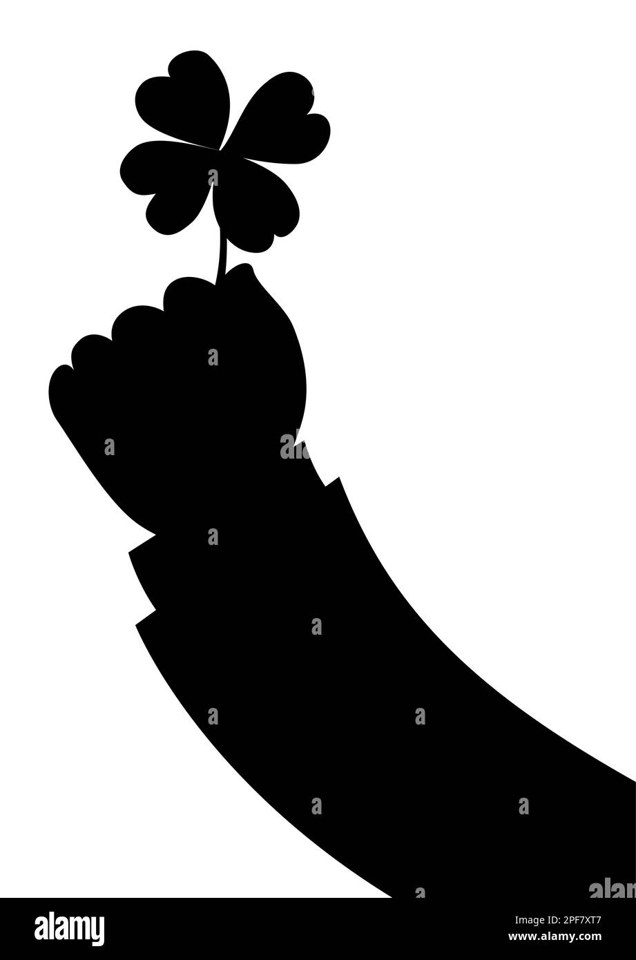 Silhouette nera del braccio con la mano che aggrappa un fortunato trifoglio a quattro foglie su sfondo bianco. Illustrazione Vettoriale