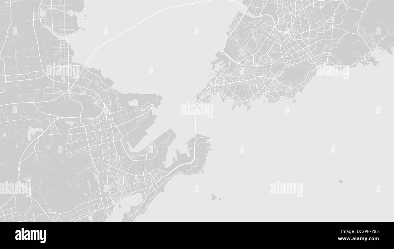 Mappa vettoriale di sfondo, strade e acqua della città di Qingdao bianca e grigio chiaro. Proporzioni widescreen, roadmap digitale con design piatto. Illustrazione Vettoriale