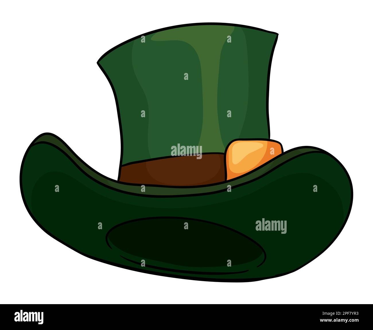 Elegante cappello verde con fascia marrone e fibbia dorata. Design in vista dal basso e stile cartoon con contorni. Illustrazione Vettoriale