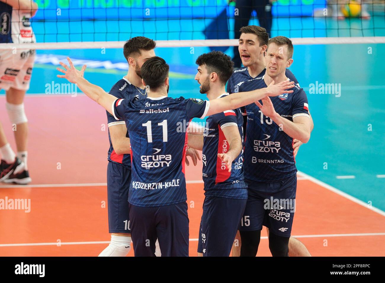 BLM Group Arena, Trento, Italia, 16 marzo 2023, Grupo Azoty ZAKSA Kedzierzyn-Kozle celebra il punto durante il quarto di finale - ITAS Trentino vs Grupo Azoty ZAKSA K?dzierzyn-Kozle - partita di pallavolo della CEV Champions League Foto Stock