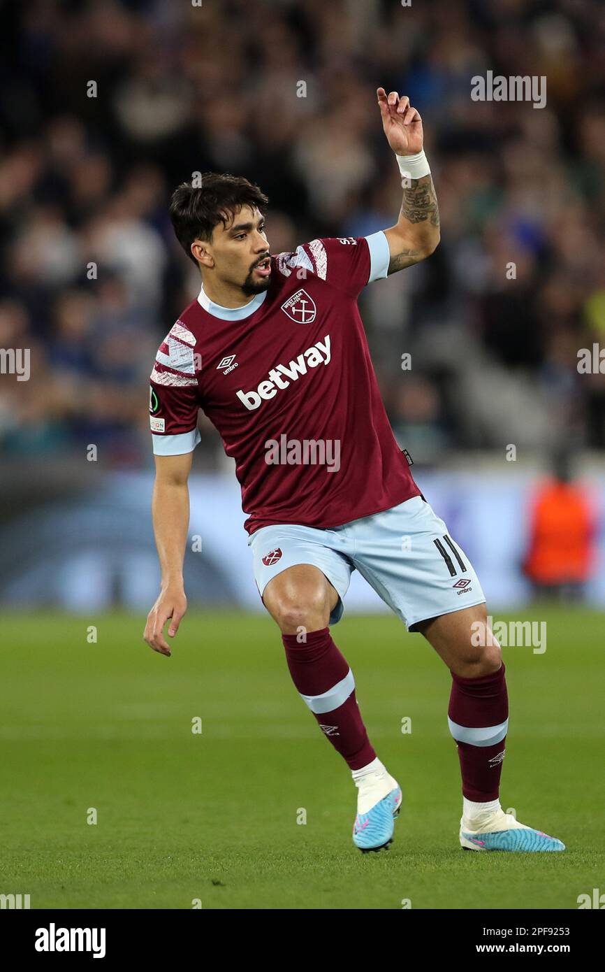 Londra, Regno Unito. 16th Mar, 2023. Lucas Paqueta di West Ham Utd in azione. UEFA Europa Conference League, ultime 16, 2nd partite, West Ham Utd v AEK Larnaca al London Stadium, Queen Elizabeth Olympic Park a Londra giovedì 16th marzo 2023 . Questa immagine può essere utilizzata solo per scopi editoriali. Editoriale solo foto di Megan Ewens/Andrew Orchard sports photography/Alamy Live news Credit: Andrew Orchard sports photography/Alamy Live News Foto Stock