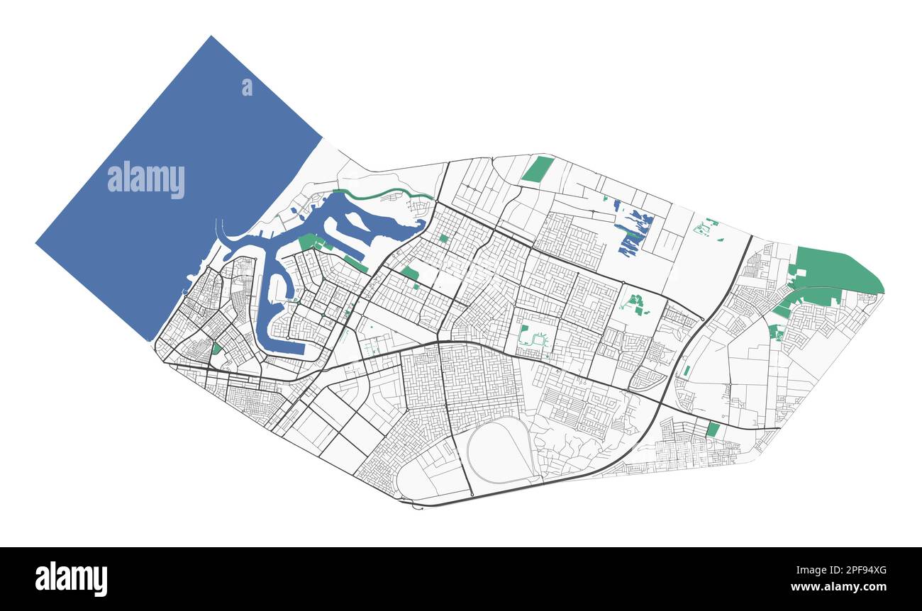 Ajman mappa, territorio amministrativo della città. UAE piano dettagliato della città. Illustrazione vettoriale con strade, parchi. Illustrazione Vettoriale