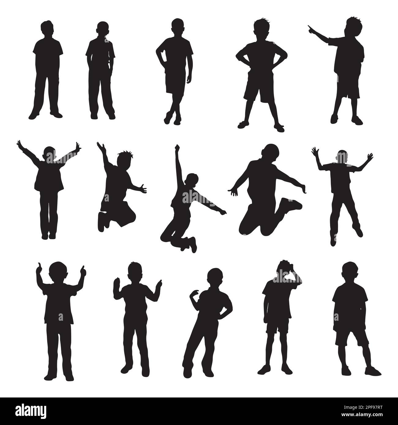 Le silhouette del ragazzo si presentano in diversi movimenti, la collezione di silhouette del bambino in diverse posizioni. Illustrazione Vettoriale