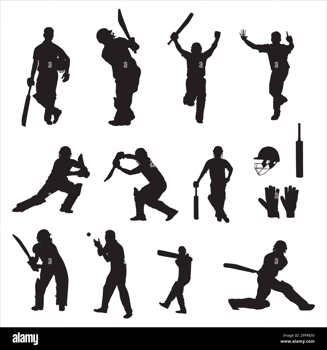 Collezione di silhouettes per giocatori di cricket, set di silhouette per giocatori di cricket Illustrazione Vettoriale