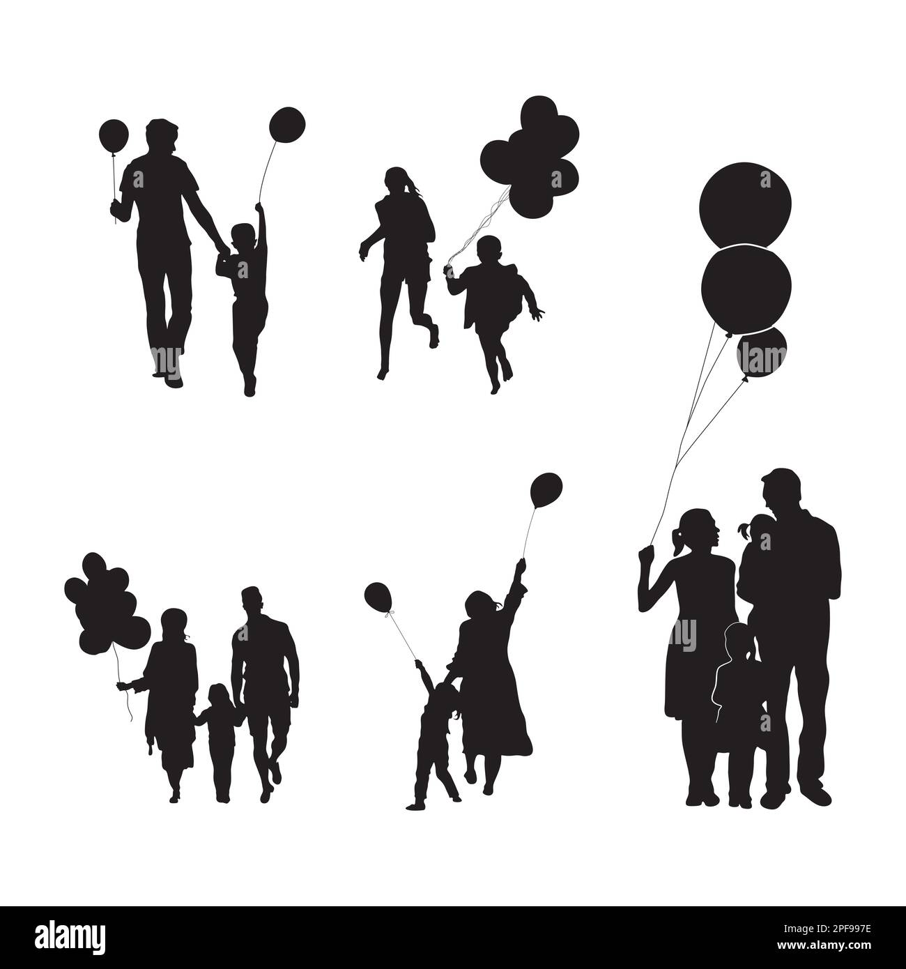 Famiglia felice con silhouette palloncini, famiglia holding palloncini silhouette Illustrazione Vettoriale