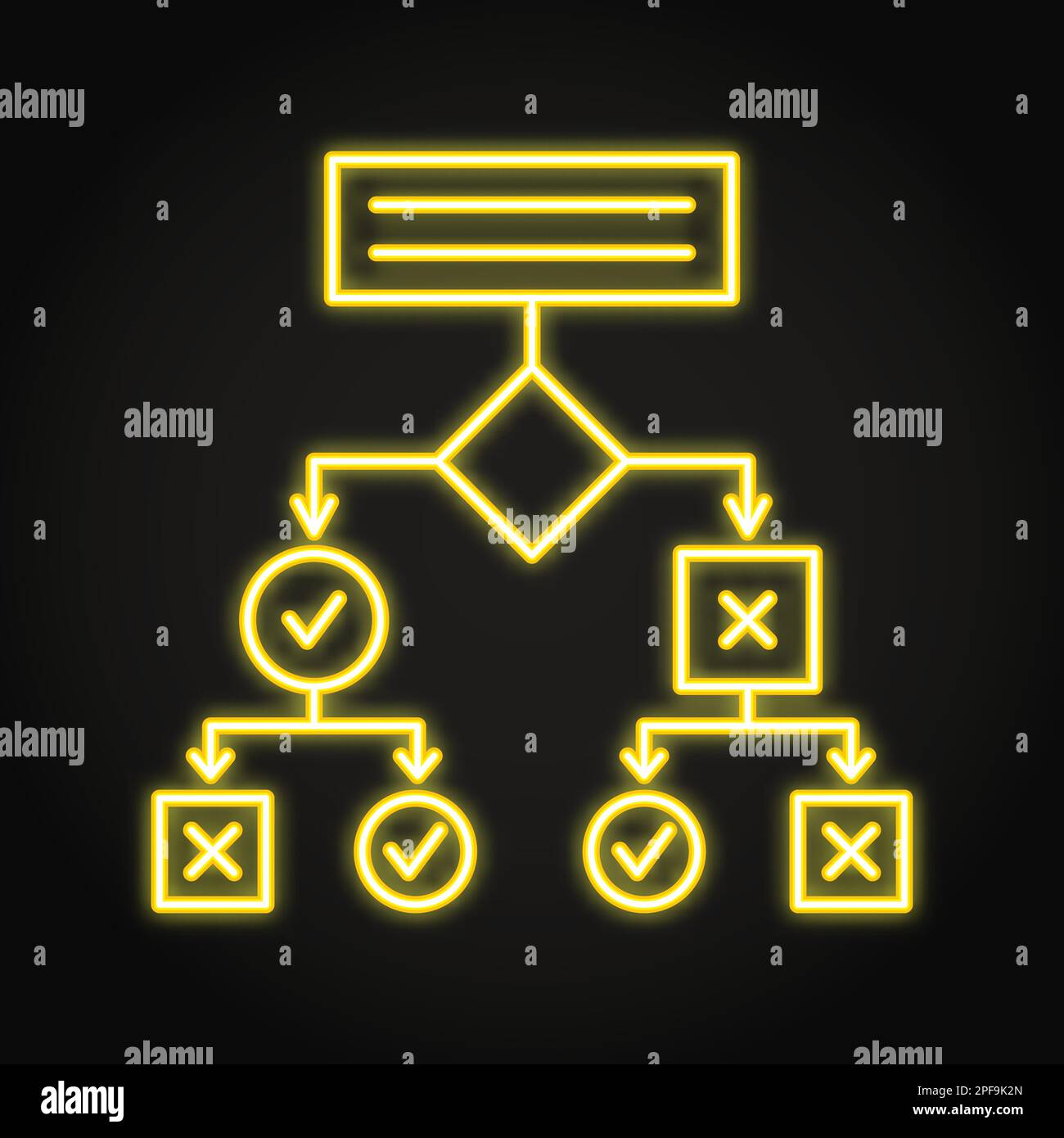 Icona al neon dell'albero decisionale in stile linea. Simbolo algoritmo, soluzione di problemi complessi. Illustrazione vettoriale. Illustrazione Vettoriale