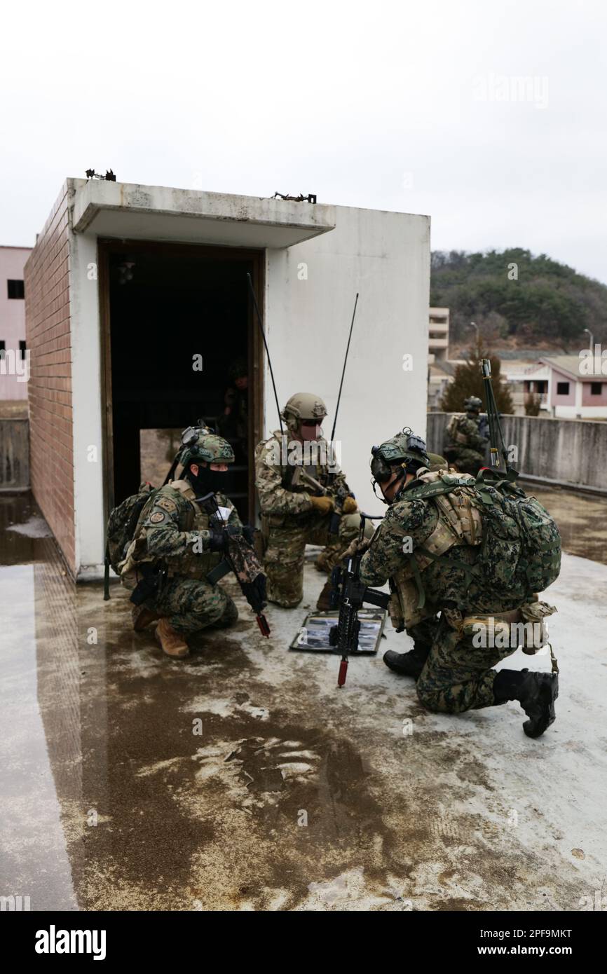 Le forze speciali degli Stati Uniti e della Rok hanno condotto incendi congiunti e addestramento bellico urbano il 15th marzo 2023 in un luogo non divulgato in Corea del Sud. La formazione realistica e multi-dominio ha integrato il supporto aereo stretto (CAS) e ISR con gli Stati Uniti Air Force A-10s. Lo SCUDO PER LA LIBERTÀ di esercizio fornisce una preparazione stimolante e realistica e sostiene l'impegno ironclade tra le nostre nazioni. Foto Stock