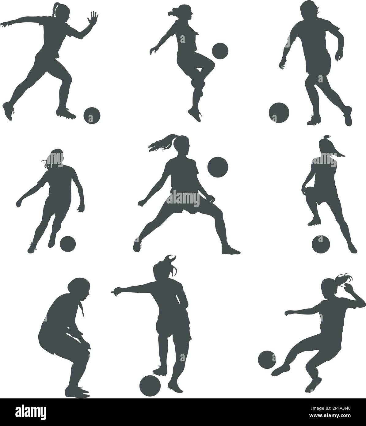 Donne silhouette giocatore di calcio, vettore giocatore ragazza, silhouette giocatore di calcio femminile Illustrazione Vettoriale