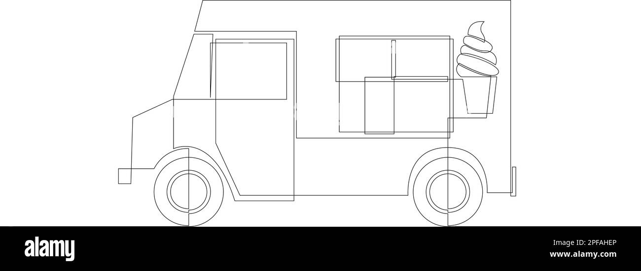 Disegno a linea continua del camion dei gelati. Camion di gelati in stile unico Illustrazione Vettoriale