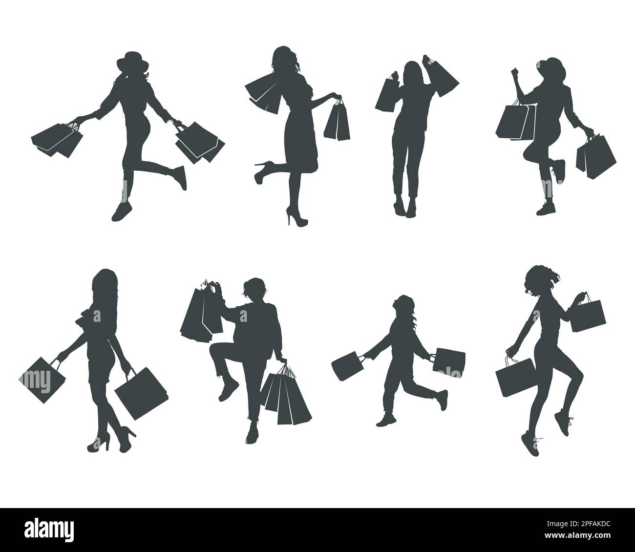 Donna shopping silhouette, Donna con borse shopping silhouettes Illustrazione Vettoriale