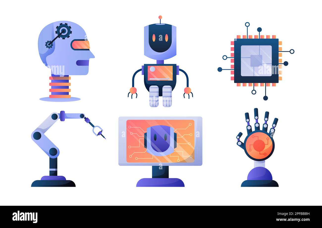 Intelligenza artificiale vettore di disegno elemento set icone. Tecnologia di intelligenza artificiale ed elementi informatici. Tecnologia futuristica servizio e comunicazione artificiale i Foto Stock