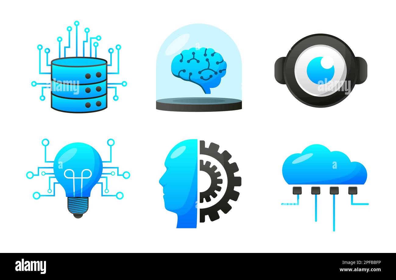 Intelligenza artificiale vettore di disegno elemento set icone. Tecnologia di intelligenza artificiale ed elementi informatici. Tecnologia futuristica servizio e comunicazione artificiale i Foto Stock