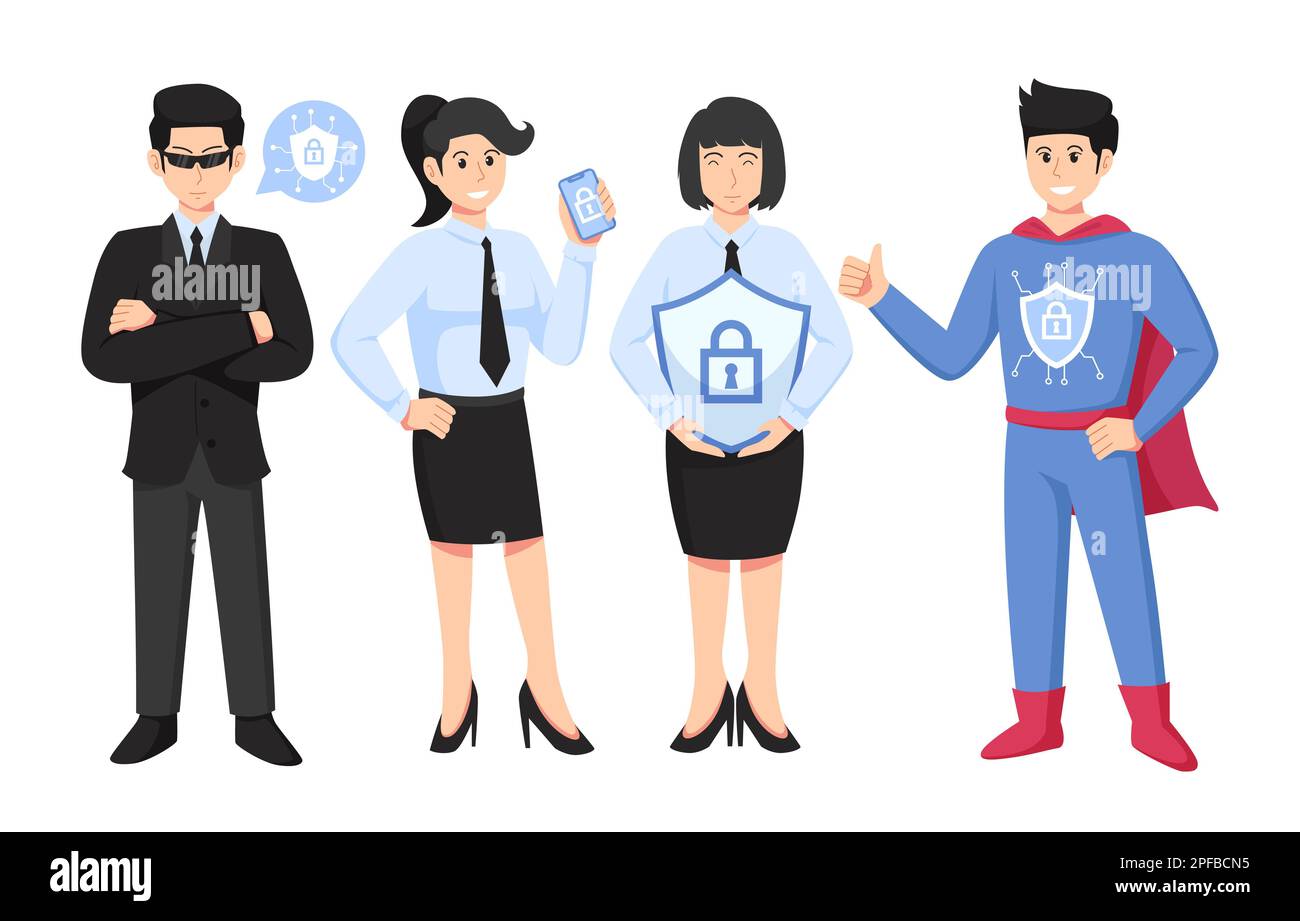 Vettore di progettazione per la protezione dei dati digitali. Illustrazioni dei personaggi dei cartoni animati sulla sicurezza informatica. Concetto di sicurezza della rete di cloud computing. Foto Stock