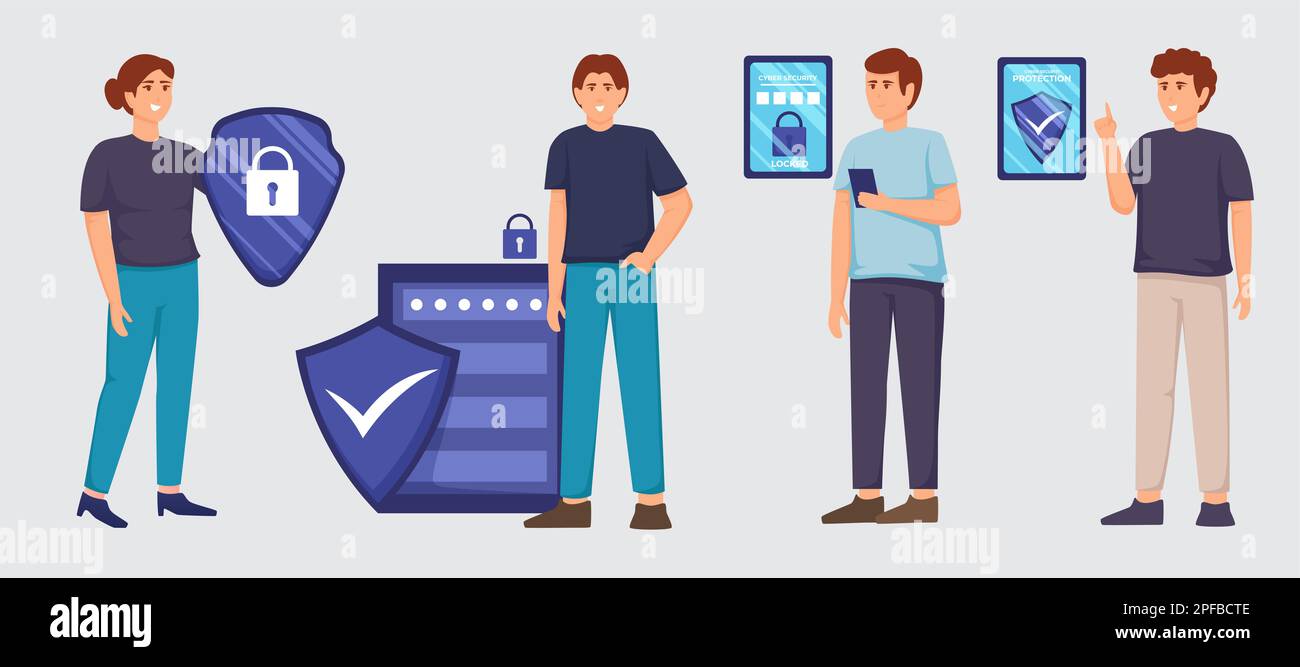 Vettore di progettazione per la protezione dei dati digitali. Illustrazioni dei personaggi dei cartoni animati sulla sicurezza informatica. Concetto di sicurezza della rete di cloud computing. Foto Stock