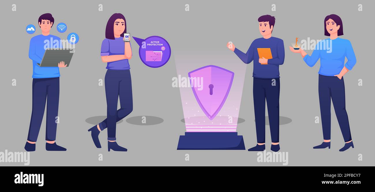 Vettore di progettazione per la protezione dei dati digitali. Illustrazioni dei personaggi dei cartoni animati sulla sicurezza informatica. Concetto di sicurezza della rete di cloud computing. Foto Stock