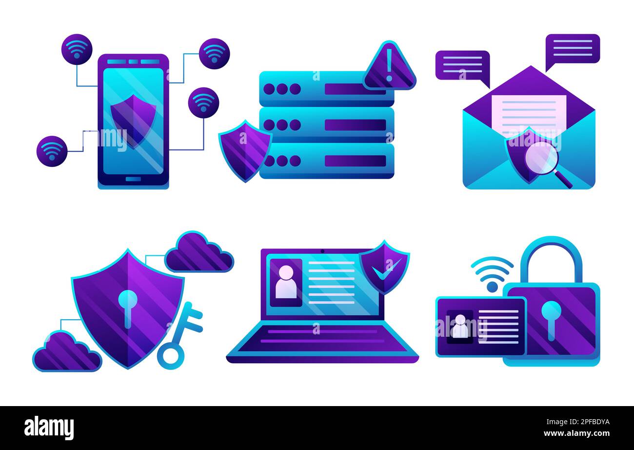 Vettore di elementi di progettazione per la protezione dei dati digitali. Set di illustrazioni per la sicurezza informatica. Concetto di sicurezza della rete di cloud computing Foto Stock