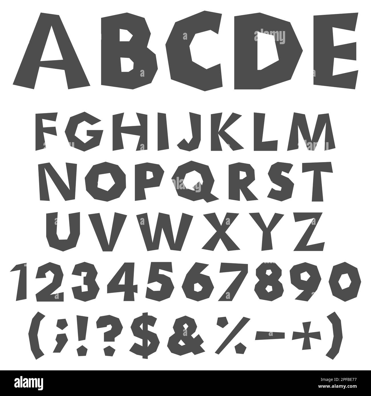 Alfabeto, numeri e segni tagliati in bianco e nero. Oggetti vettoriali isolati su sfondo bianco. Illustrazione Vettoriale