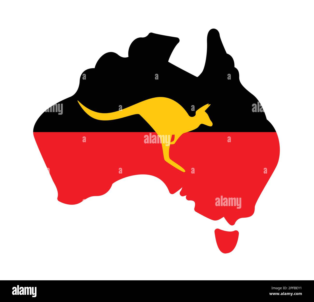 Australia Mappa semplificata con elementi di bandiera aborigeni e icona del vettore di silhouette canguro isolata su sfondo bianco Illustrazione Vettoriale
