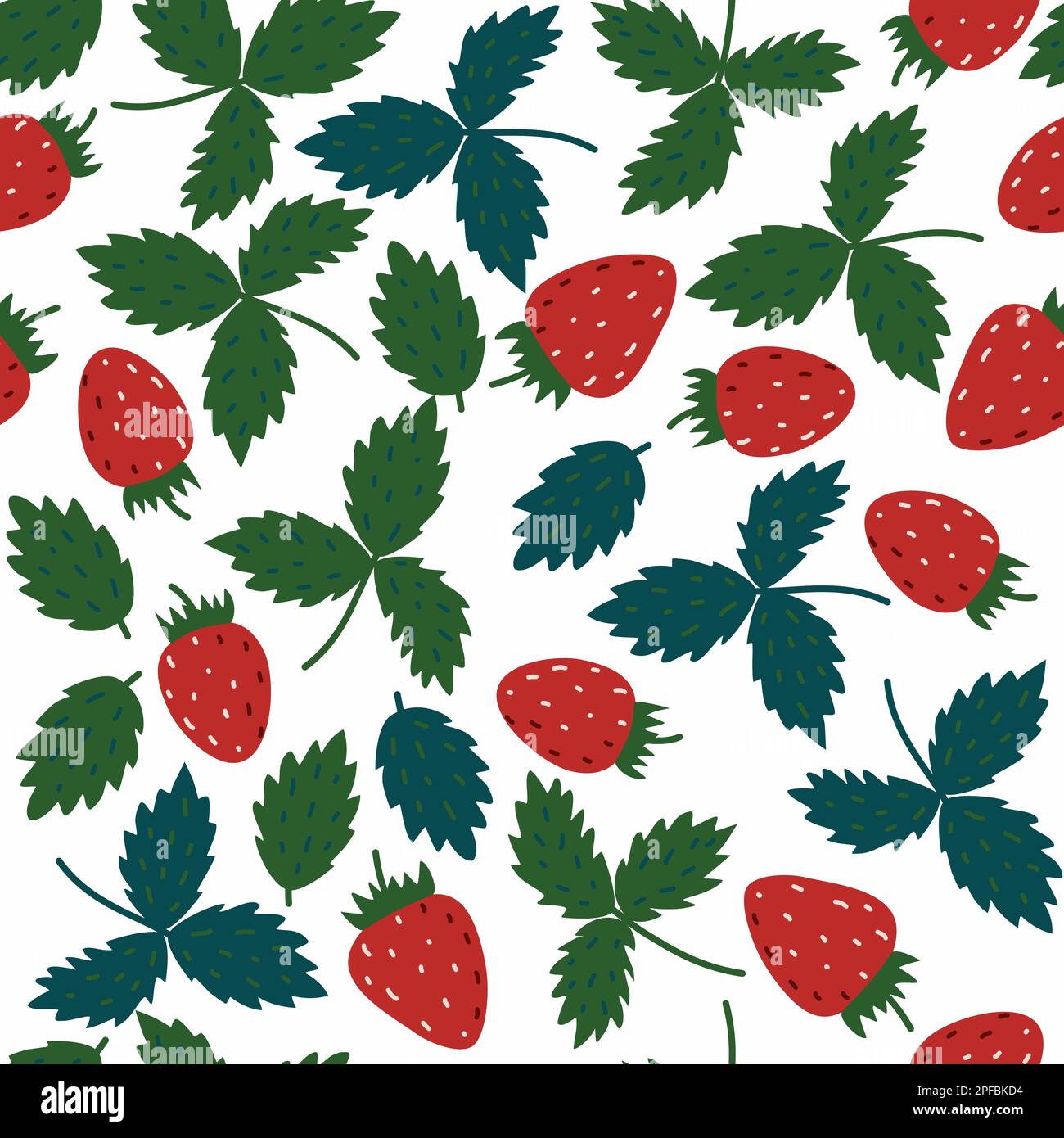 Fragola senza cuciture con fragola rossa isolata e foglie verdi. Stampa Berry su sfondo bianco Foto Stock