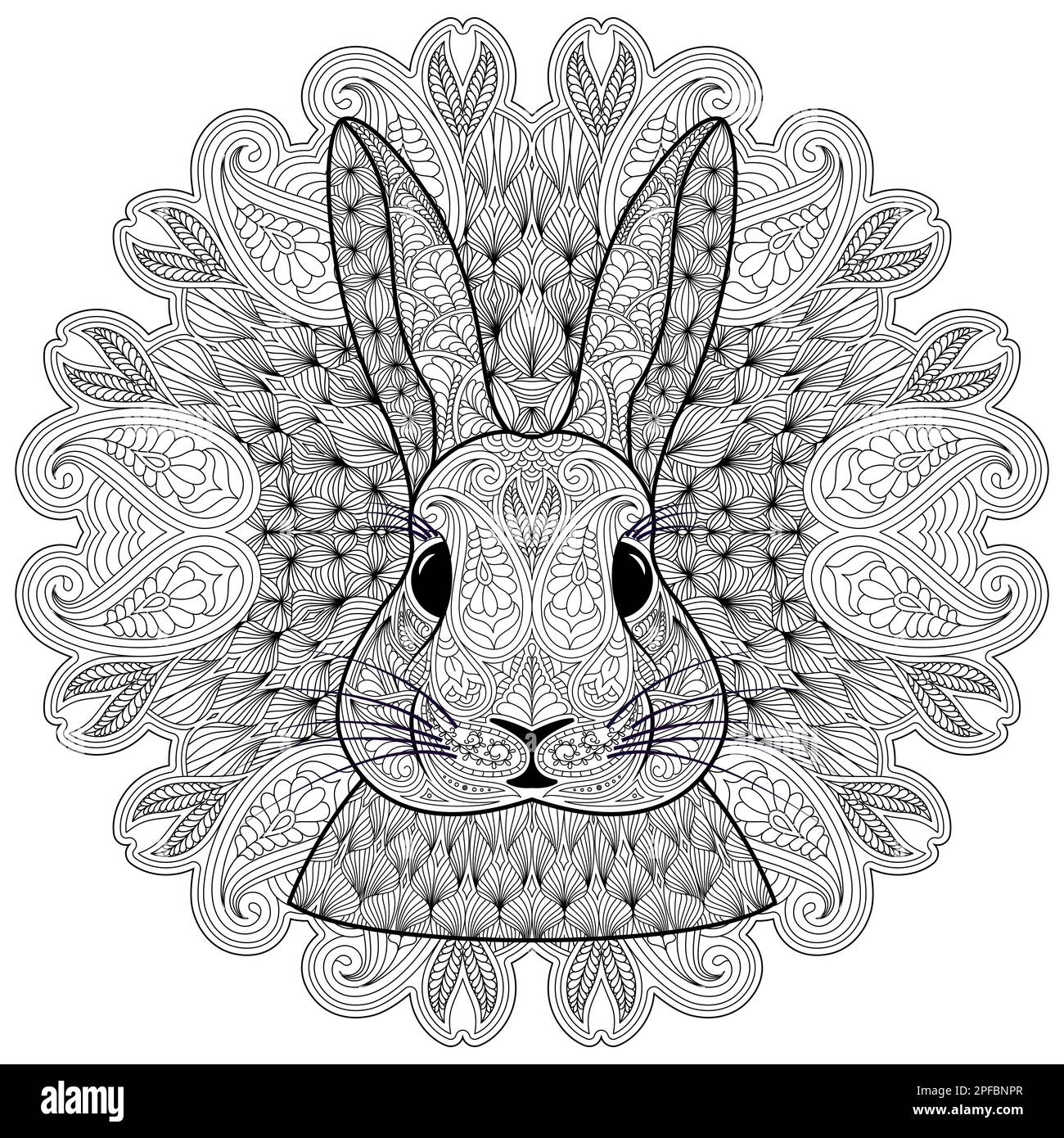Testa di coniglio a motivi geometrici e mandala circolare Paisley elementi ispirati allo Zentangle. Motivi decorativi in stile etnico indiano orientale Henna, Mehnd Illustrazione Vettoriale