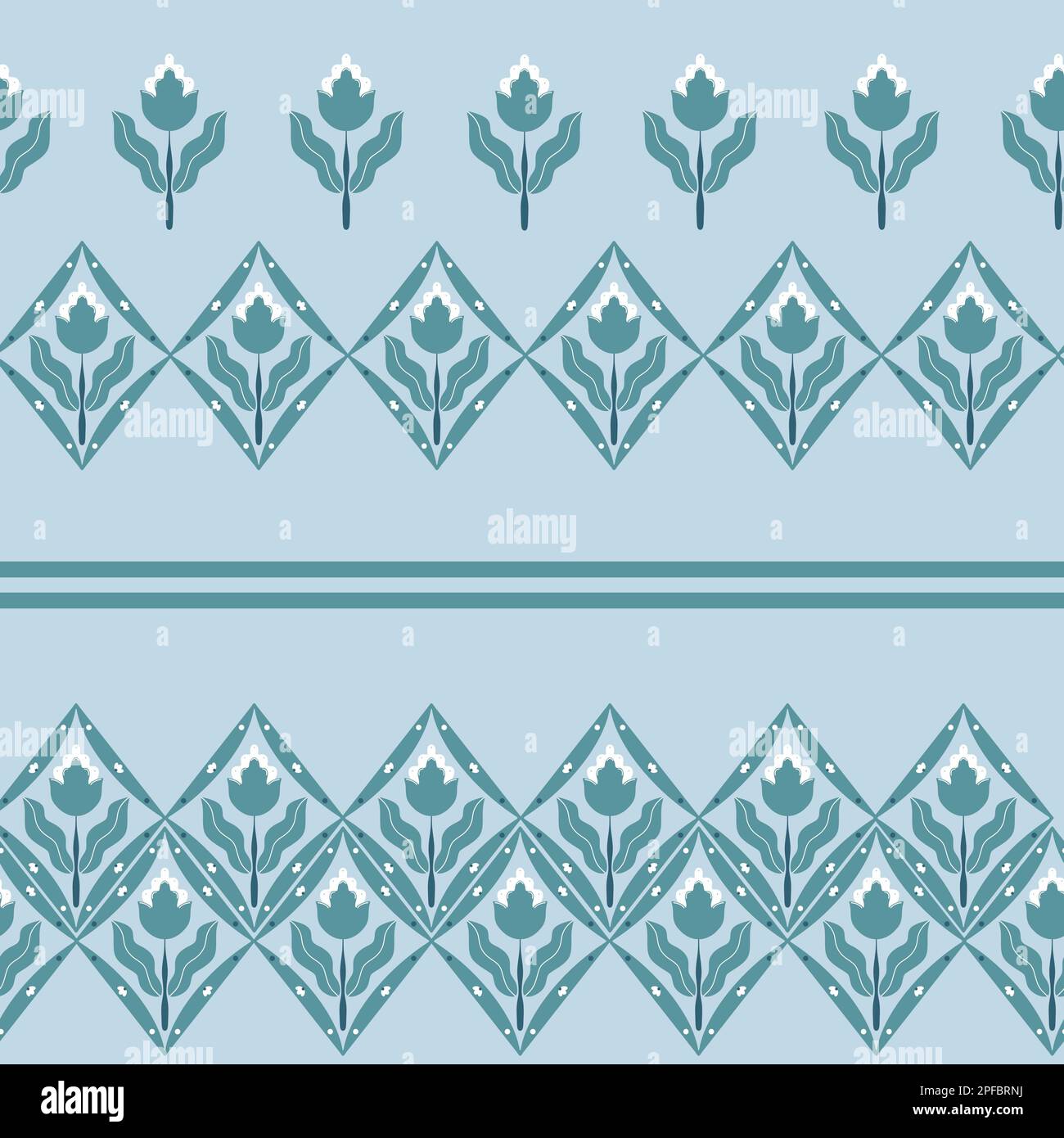 Fiore geometrico e motivo rombo. Semplice ed elegante motivo senza cuciture nei toni del blu. Simmetria piatto fiori astratti su sfondo blu. Stampa batik Foto Stock