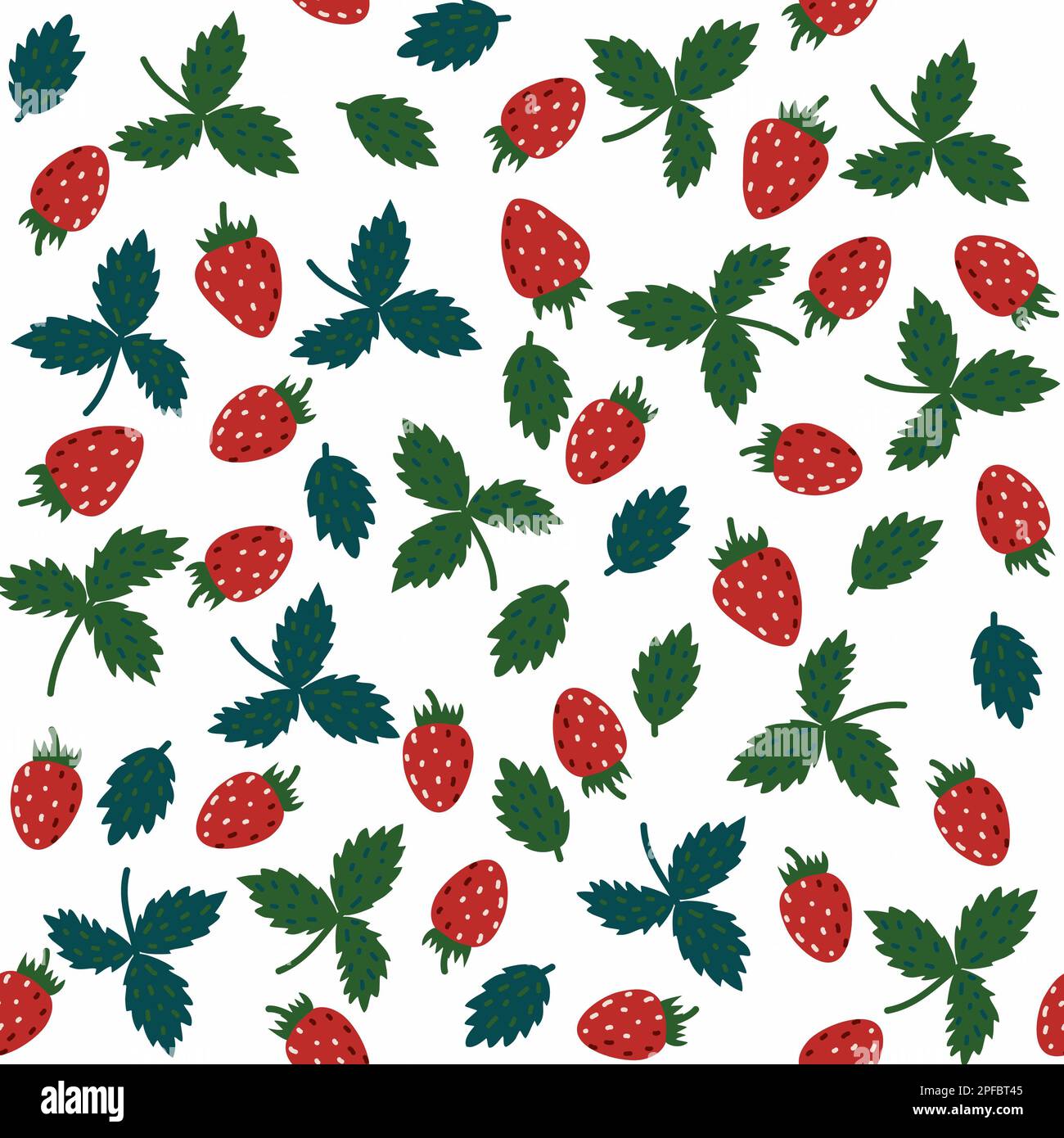 Fragola senza cuciture con fragola rossa isolata e foglie verdi. Stampa Berry su sfondo bianco Бесшовный фон с клубникой Foto Stock