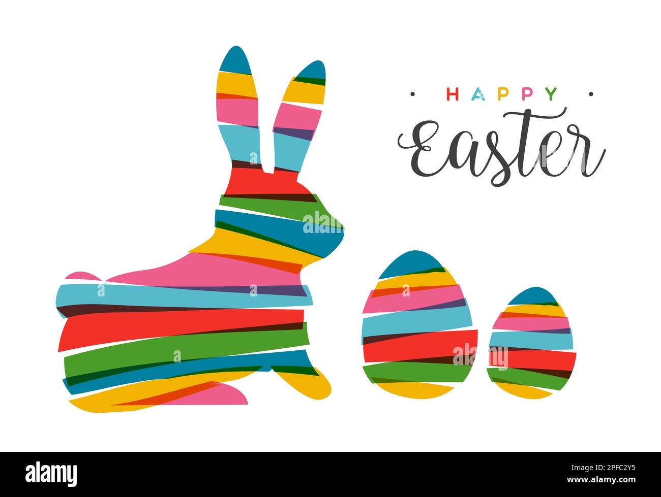 Coniglio e uovo di Pasqua in colori trasparenti e luminosi in stile collage. Design a strisce multicolore su sfondo isolato. Utilizzato per il biglietto d'auguri Illustrazione Vettoriale
