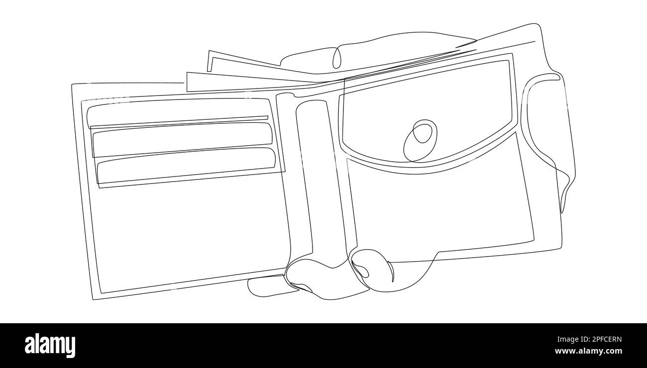 Una linea continua di portafogli in mano. Concetto di vettore di illustrazione a linea sottile. Disegno di contorno idee creative. Illustrazione Vettoriale