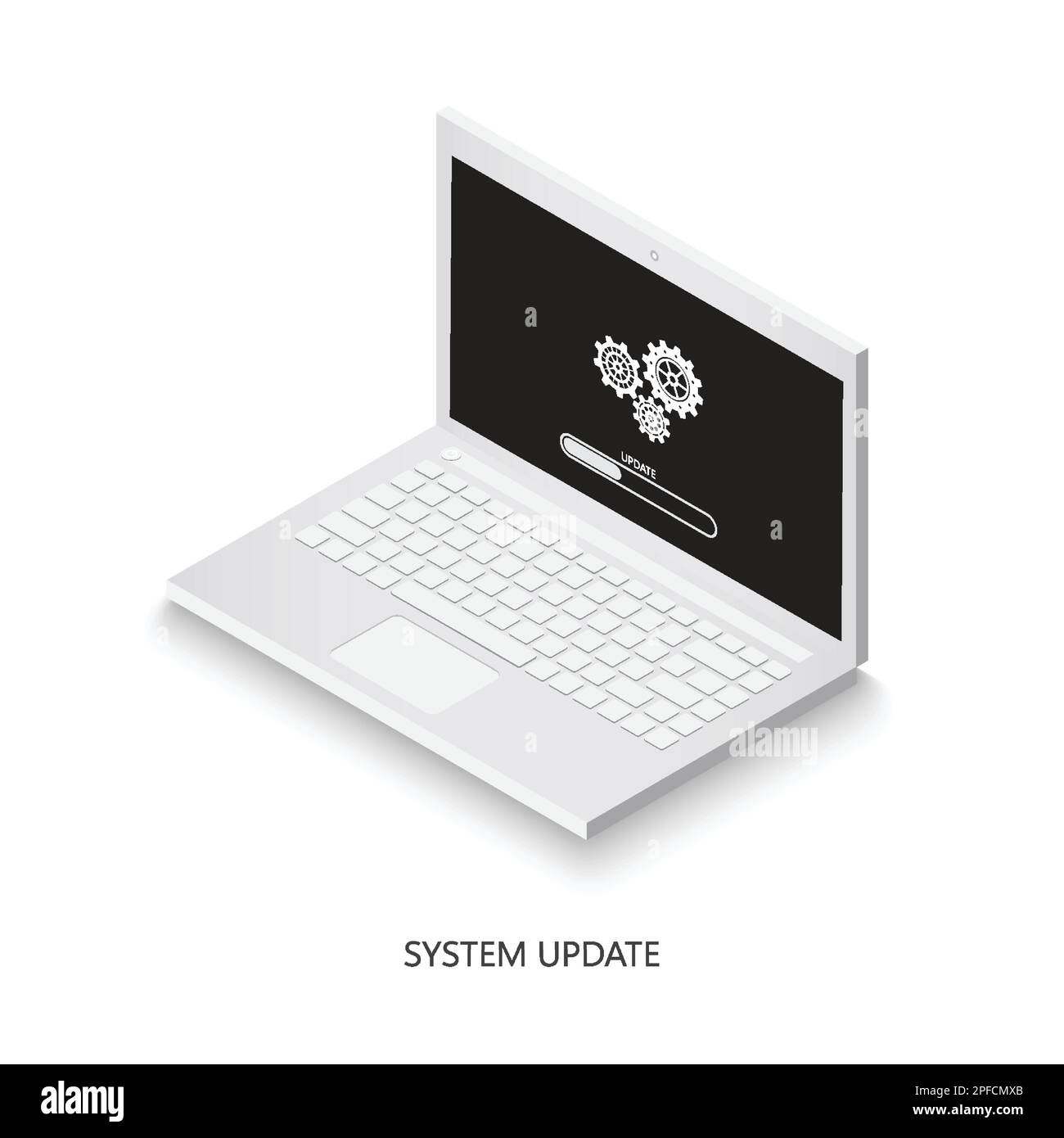 Icona aggiornamento software sul laptop. Laptop con cartello di caricamento sullo schermo. Computer portatile isometrico. Aggiornamento del sistema per il design, il logo, l'app e l'interfaccia utente del sito Web. Illustrazione Vettoriale