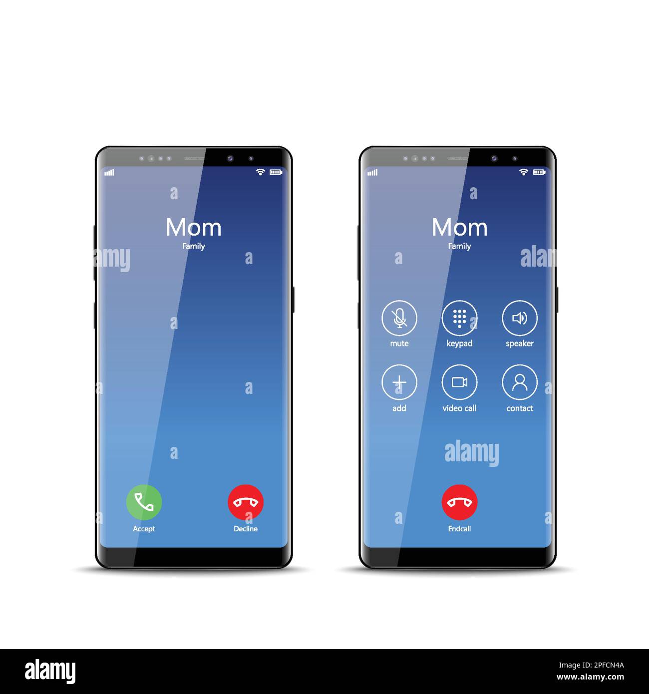 Mockup della chiamata sullo schermo del telefono. Modello di interfaccia per dispositivi mobili. Visualizzazione delle chiamate in arrivo sullo smartphone, illustrazione del vettore Illustrazione Vettoriale