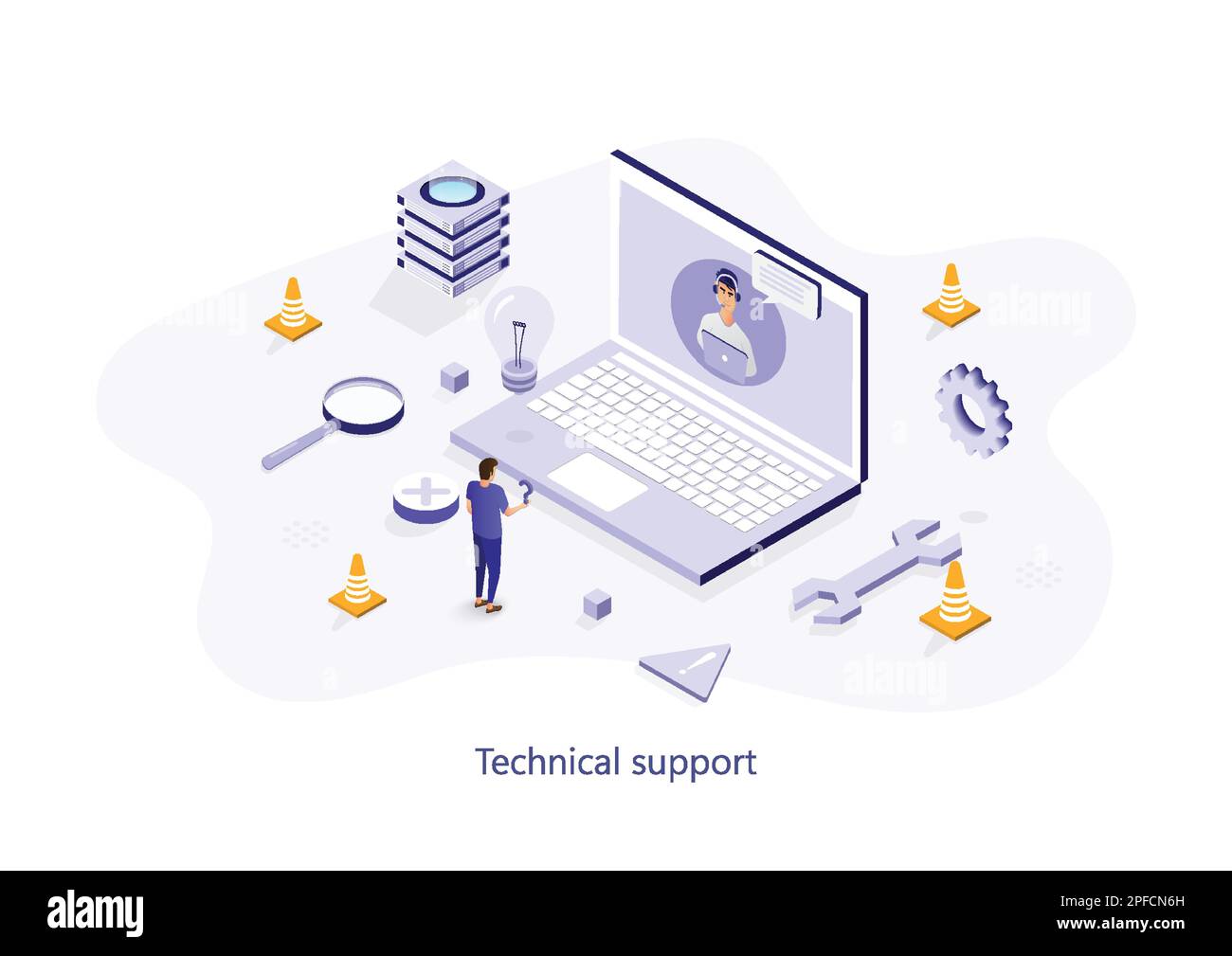 Modello di landing page isometrica per il supporto tecnico. Lavoratore del call center che ha chat con il cliente online. Consultazioni con Cartoon Customer Helpline. Hotline Illustrazione Vettoriale