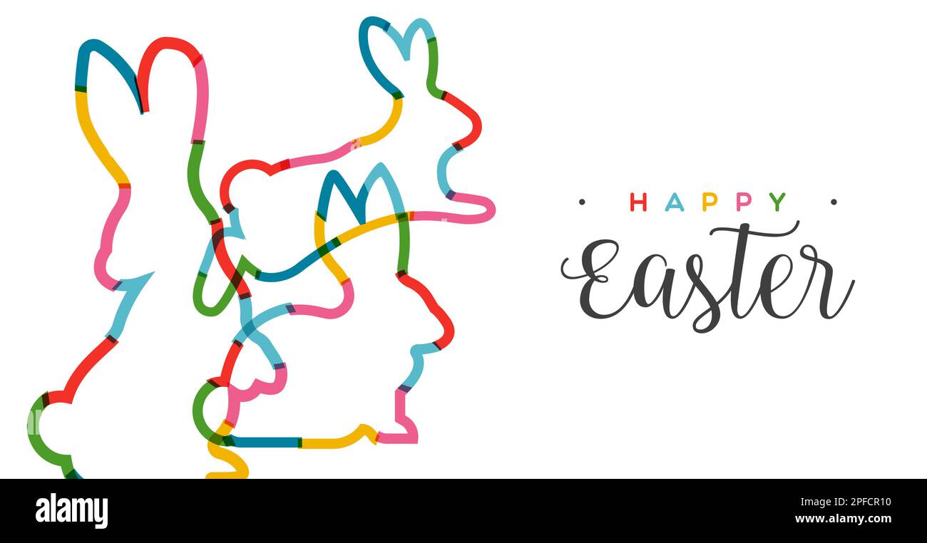 Il coniglio di Pasqua si posa in colori trasparenti e luminosi in stile line art. Design lineare con taglio multicolore su sfondo isolato. Utilizzato per il biglietto d'auguri Illustrazione Vettoriale