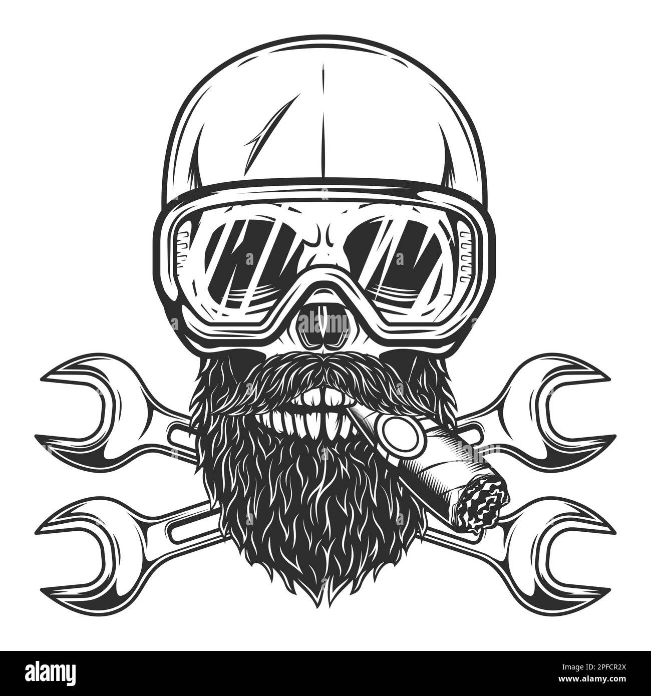 Cranio fumo sigaro o sigaretta con baffi con barba in occhiali di sicurezza e riparazione auto e camion chiave o costruzione idraulico chiave Illustrazione Vettoriale