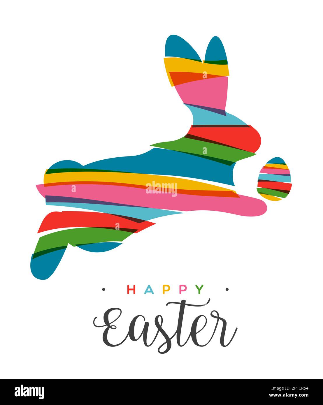 Saltando coniglio di Pasqua e uovo in colori luminosi trasparenti in stile collage. Design a strisce multicolore su sfondo isolato. Utilizzato per il saluto Illustrazione Vettoriale