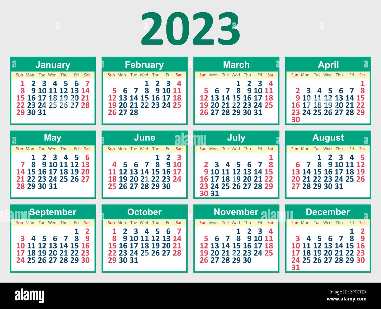 Modello di griglia del calendario mensile per 2023 anno in inglese. La settimana inizia la domenica. Calendario da scrivania in stile minimalista. Illustrazione vettoriale. Illustrazione Vettoriale