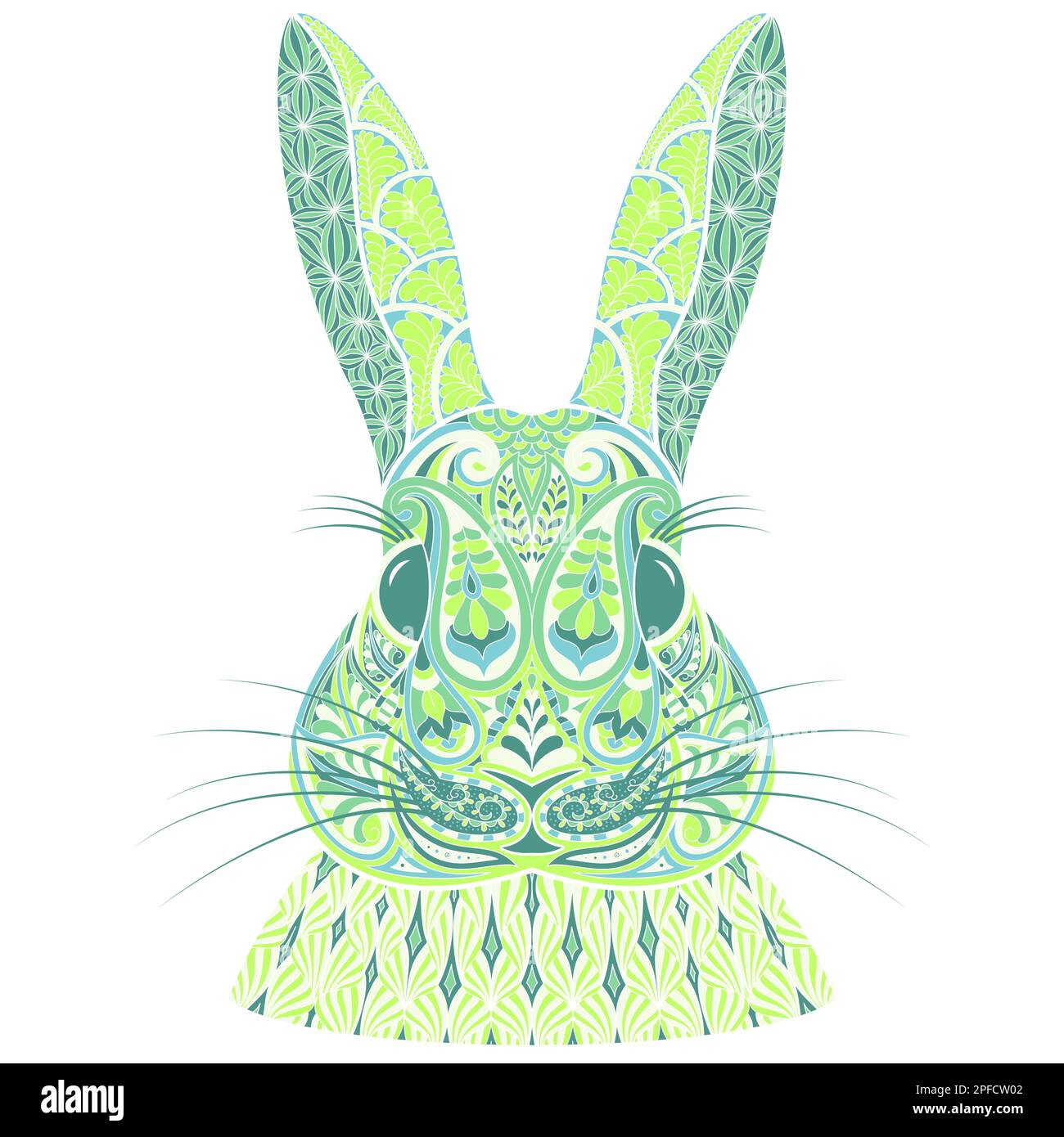 Testa di coniglio a motivi geometrici nei toni verdi con elementi Paisley ispirati allo Zentangle. Motivo coniglietto decorativo in stile etnico indiano. Henna, Mehndi, Illustrazione Vettoriale